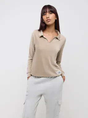 Studiofit Beige Self-Striped Cotton Sweatshirt