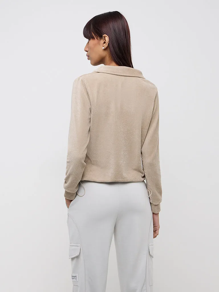 Studiofit Beige Self-Striped Cotton Sweatshirt