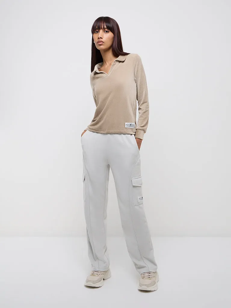 Studiofit Beige Self-Striped Cotton Sweatshirt