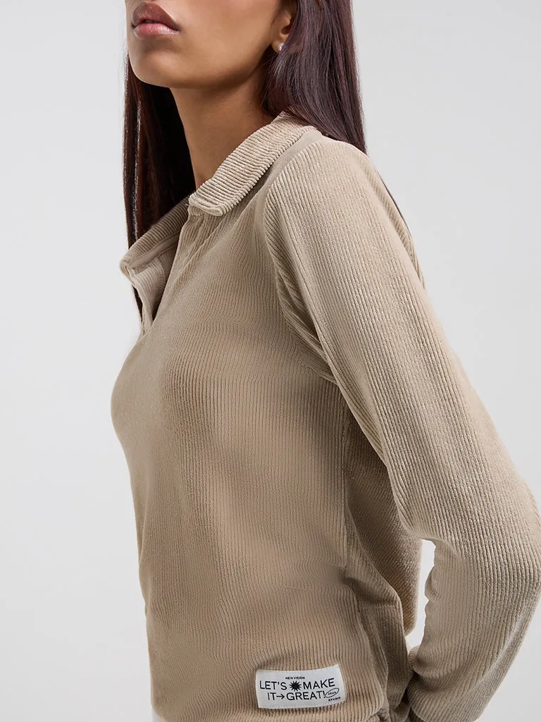 Studiofit Beige Self-Striped Cotton Sweatshirt