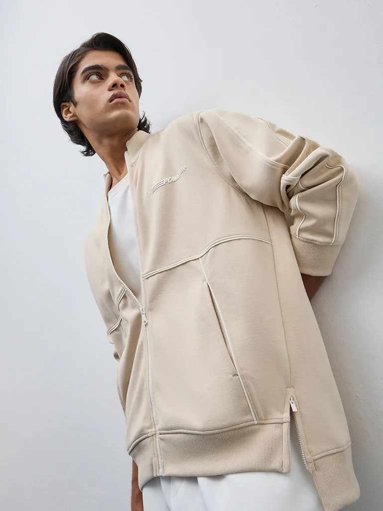 Studiofit Beige Text Design Relaxed-Fit Jacket