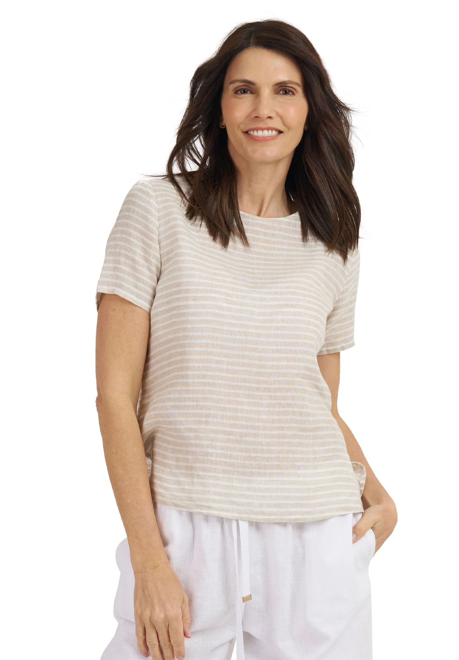 Teena-Linen Beige Stripes T-Shirt