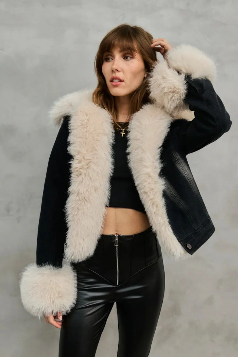 THE LINDA FAUX FUR DENIM CROPPED JACKET