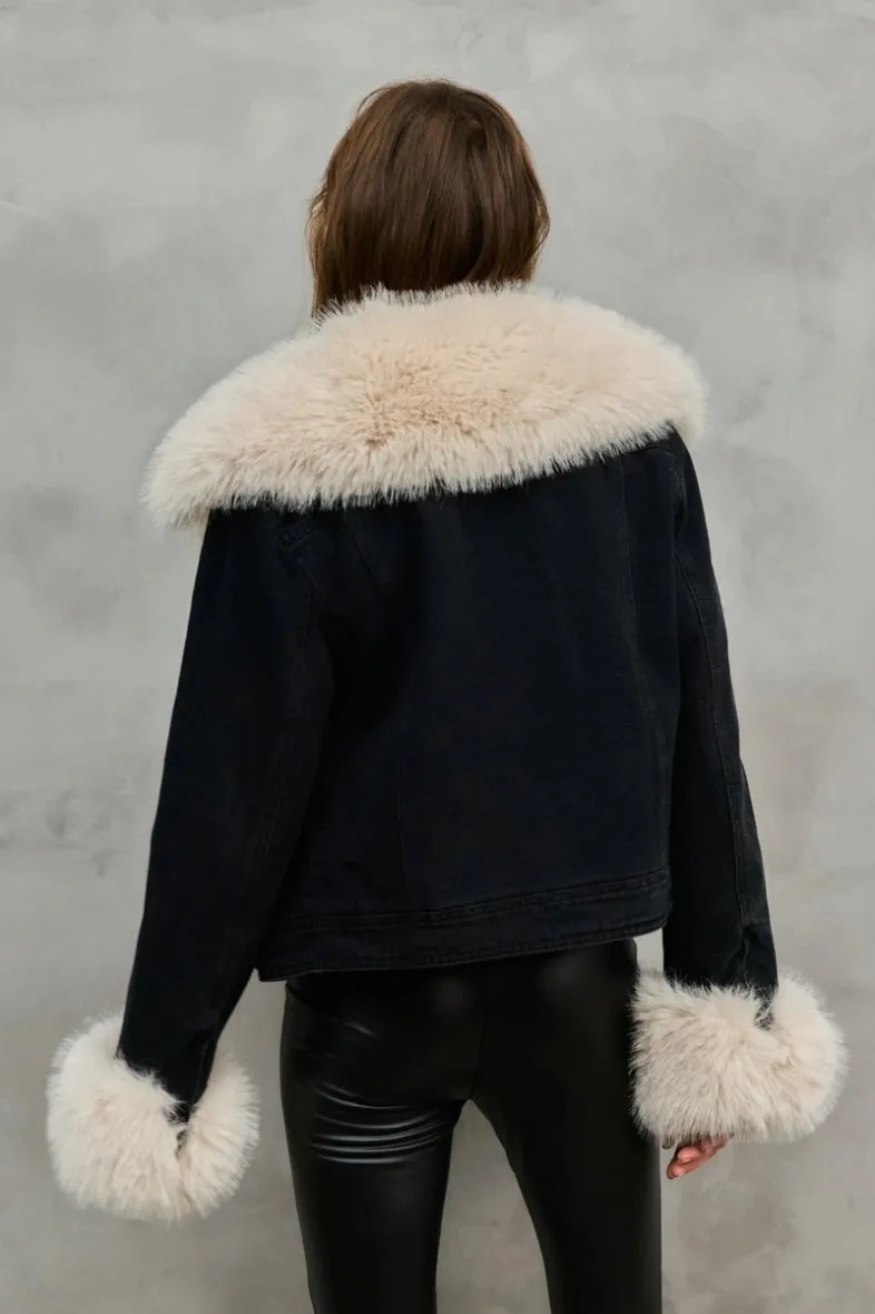 THE LINDA FAUX FUR DENIM CROPPED JACKET