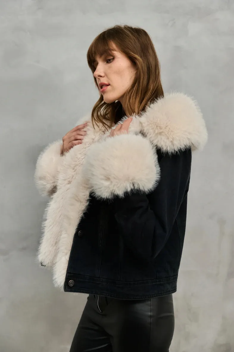 THE LINDA FAUX FUR DENIM CROPPED JACKET