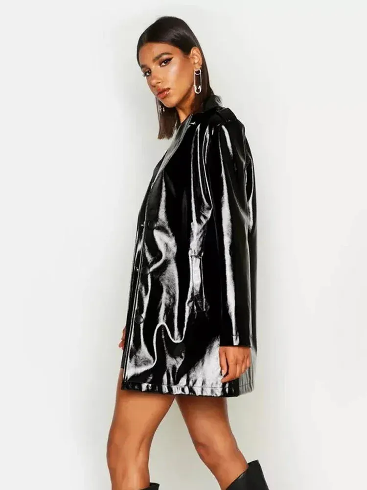 Trend4us Women's Chic Glossy Black Patent Leather Coat