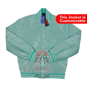 Turquoise Satin Fabric Baseball Bomber Letterman Varsity Jacket