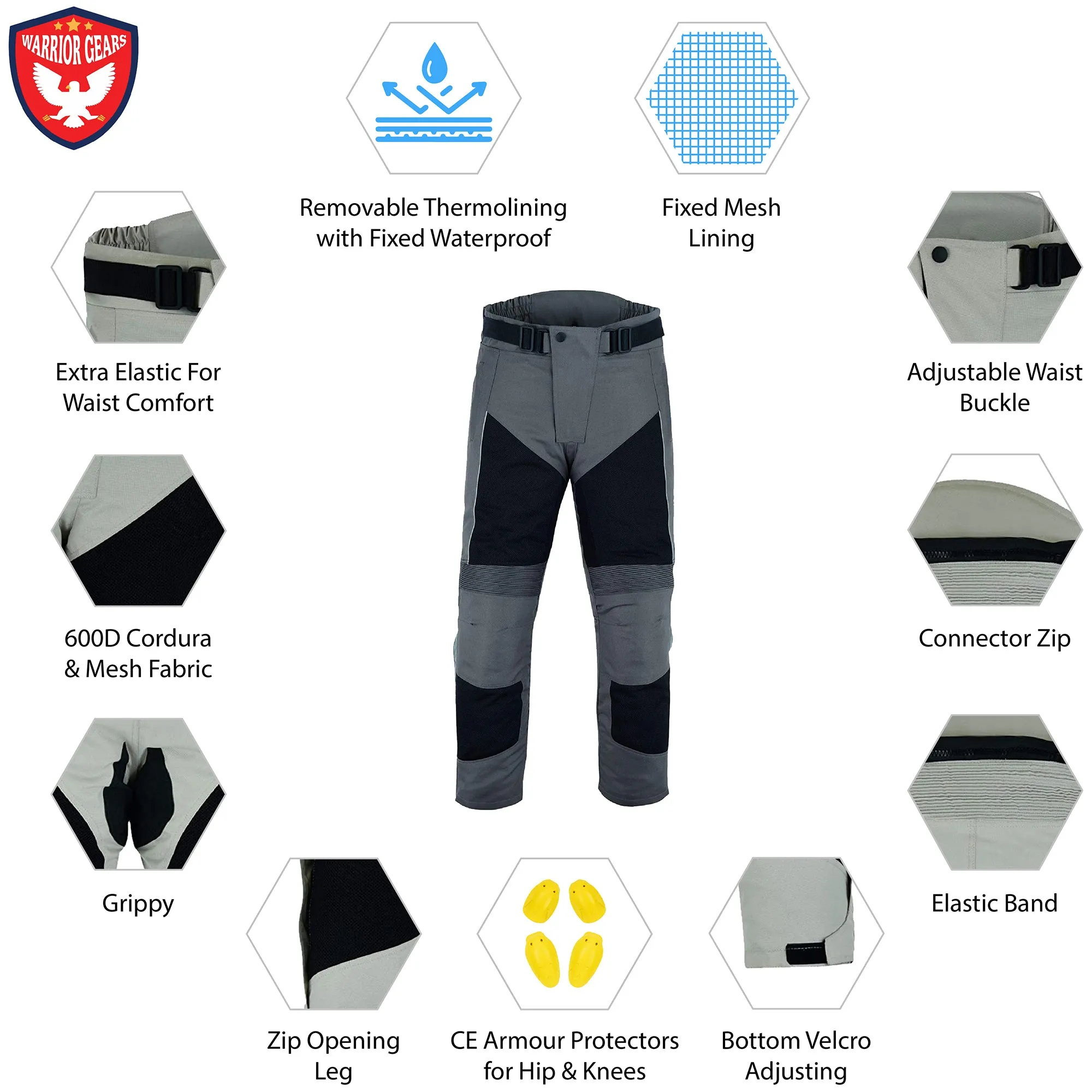 Warrior Gears® Air Mesh Motorbike Suits for Men, Breathable Textile Motorbike Jacket and Trouser with Removable Lining and CE Armours - Grey & Black