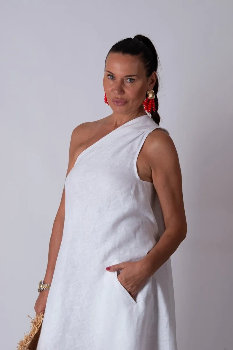 White Linen One Shoulder  Dress TIFFANY