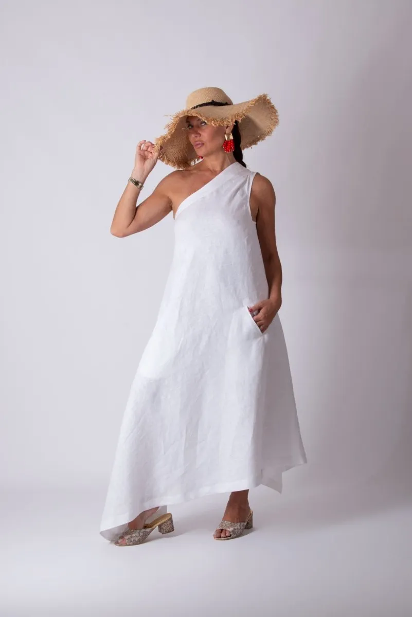 White Linen One Shoulder  Dress TIFFANY