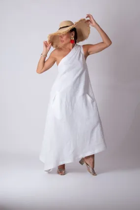 White Linen One Shoulder  Dress TIFFANY