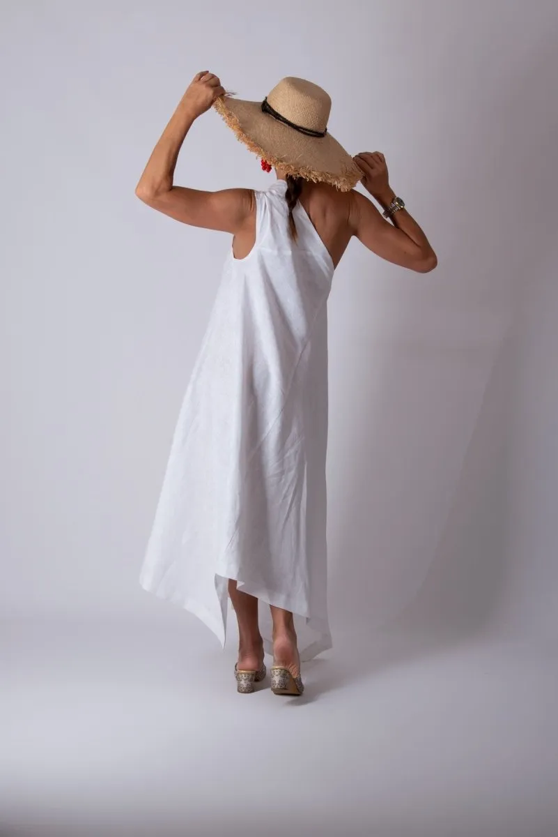 White Linen One Shoulder  Dress TIFFANY