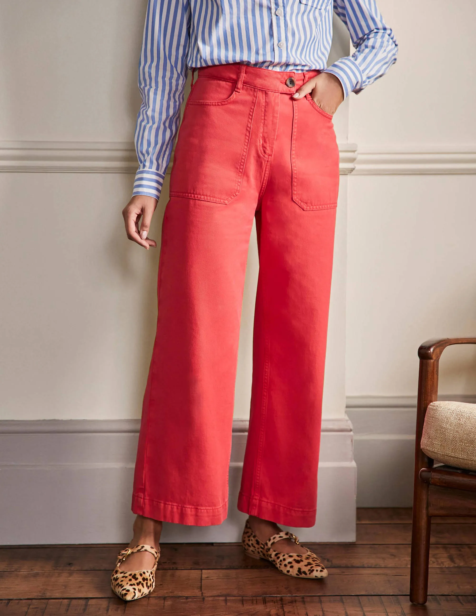 Wide Leg Cotton Twill Trousers-Red