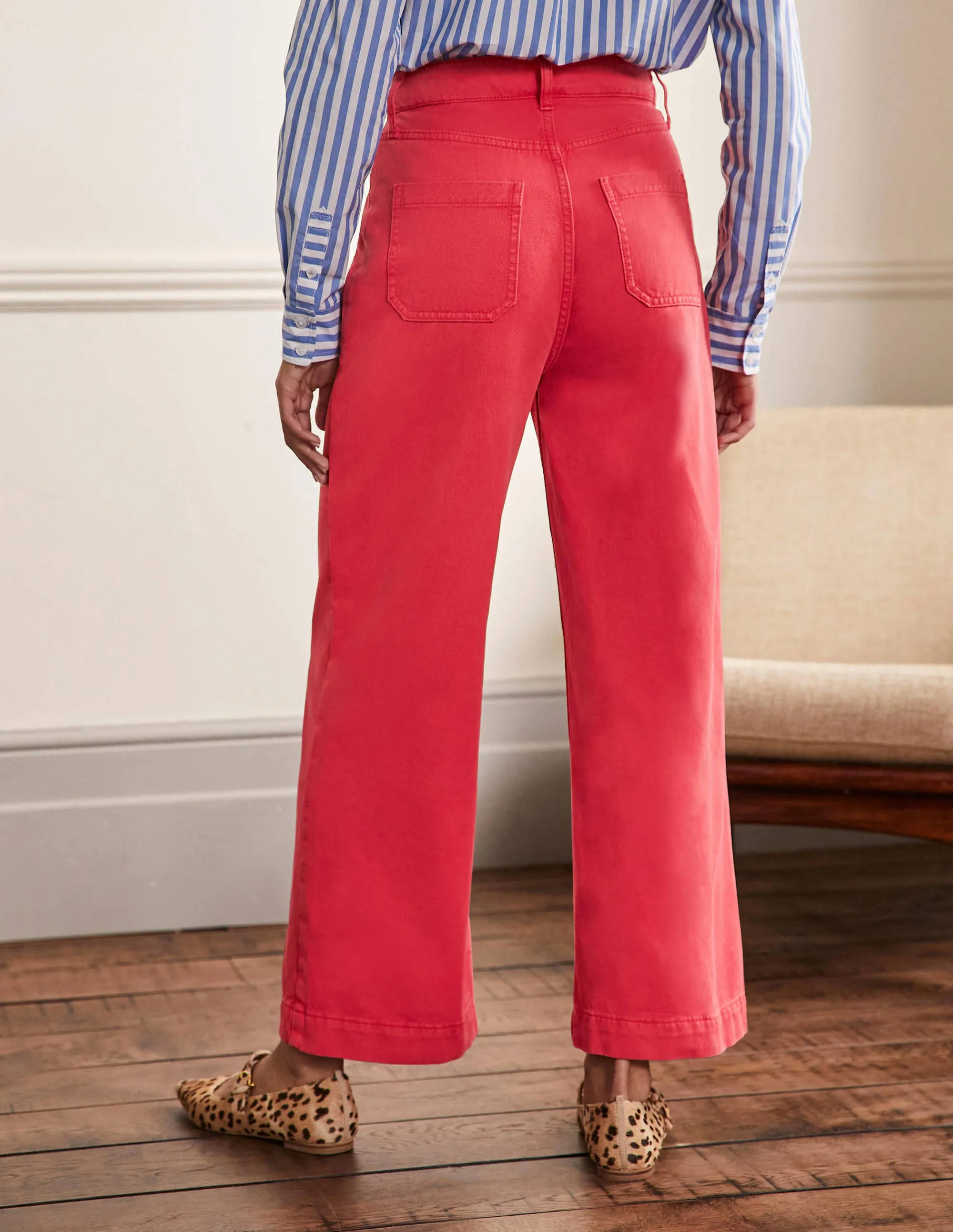 Wide Leg Cotton Twill Trousers-Red