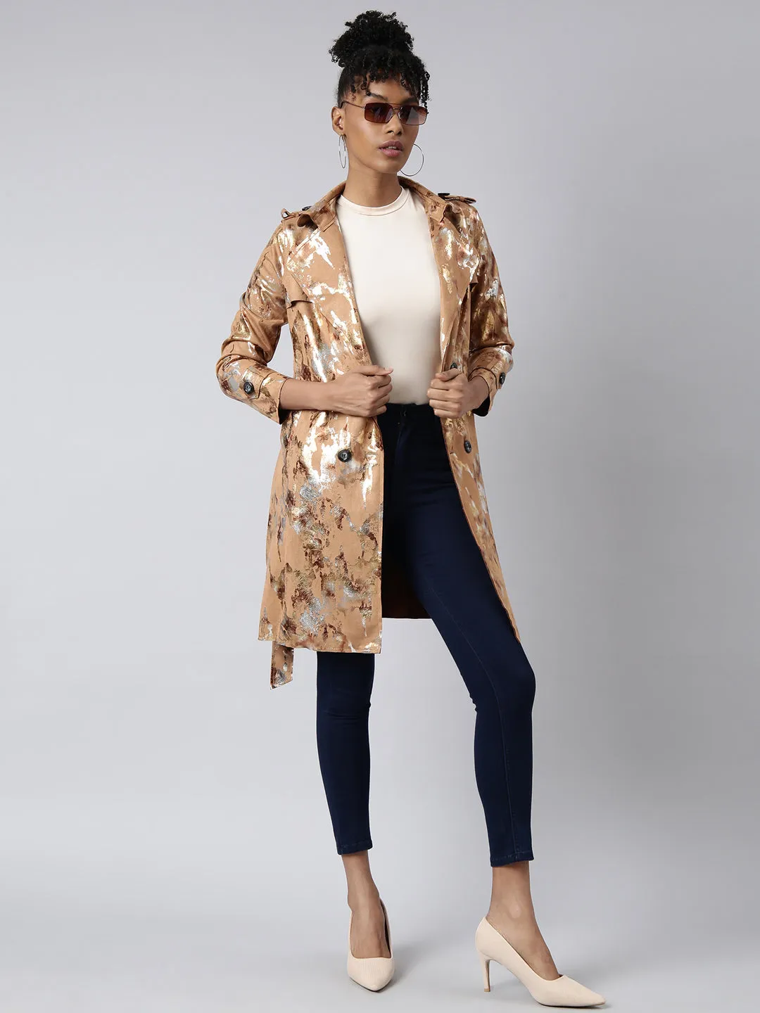 Women Abstract Longline Camel Brown Trench Coat