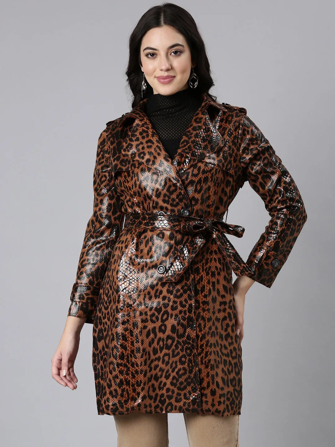 Women Animal Longline Brown Trench Coat comes with Belt