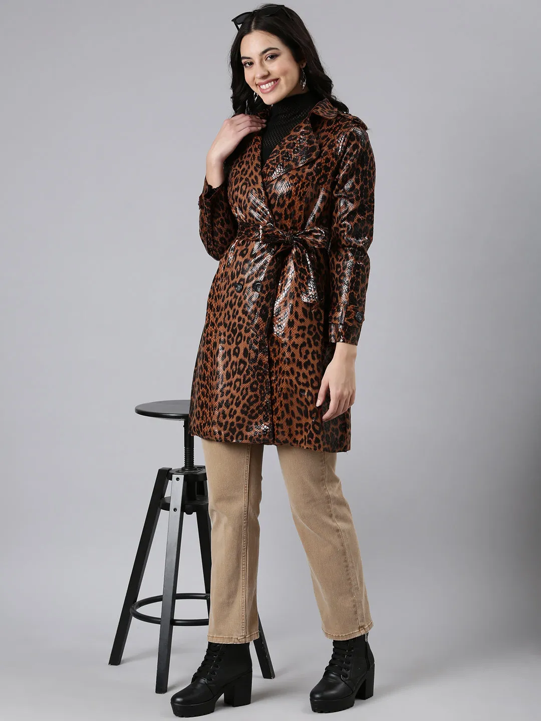 Women Animal Longline Brown Trench Coat comes with Belt