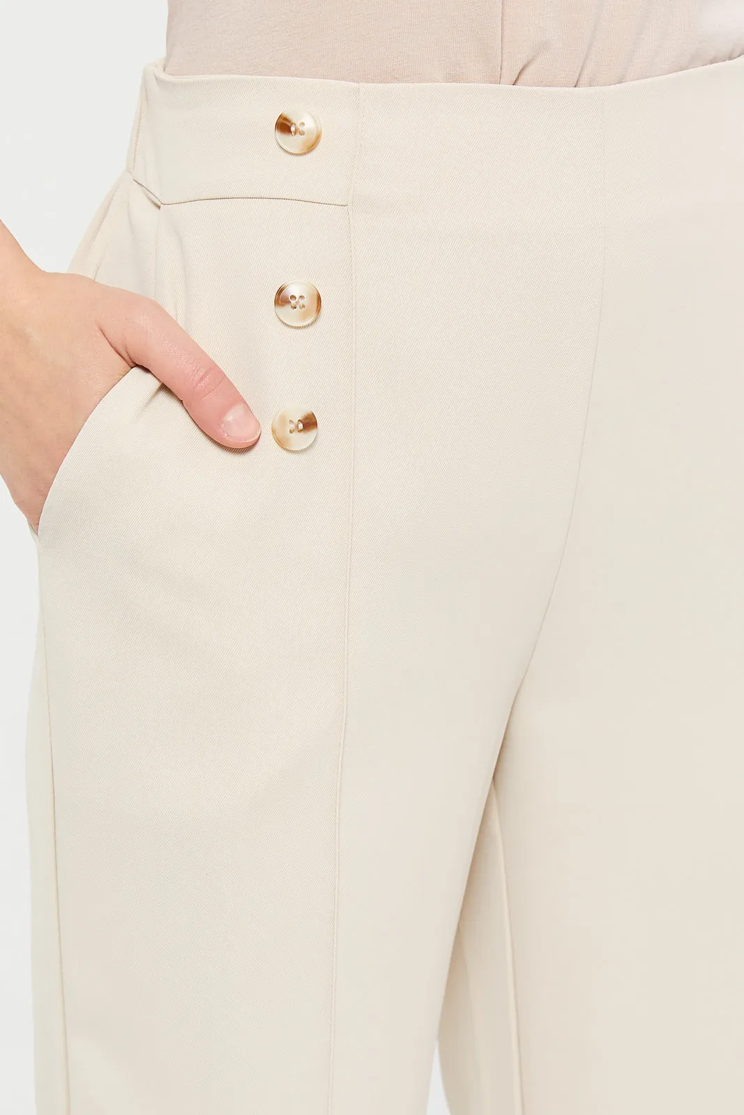 Women Beige Button Detailed Trousers