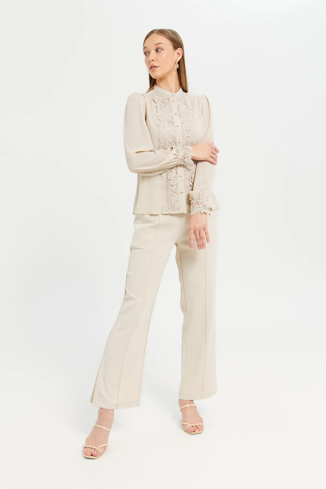 Women Beige Button Detailed Trousers