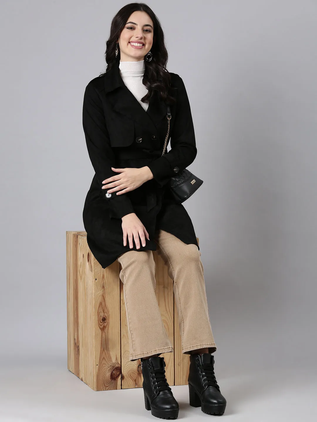 Women Solid Longline Black Trench Coat comes with Belt