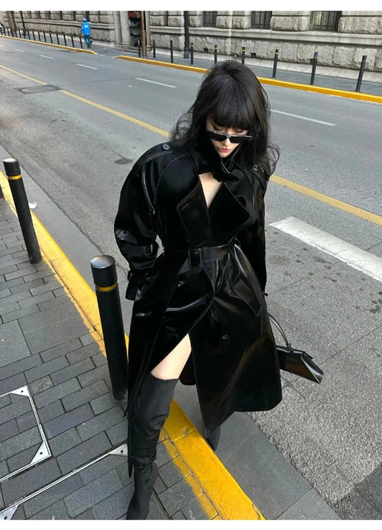 Women's Elegant Black Oversized Faux Leather Coat