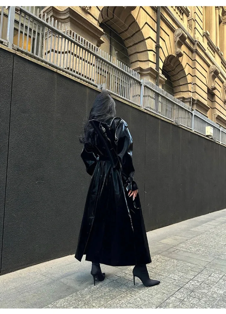 Women's Elegant Black Oversized Faux Leather Coat