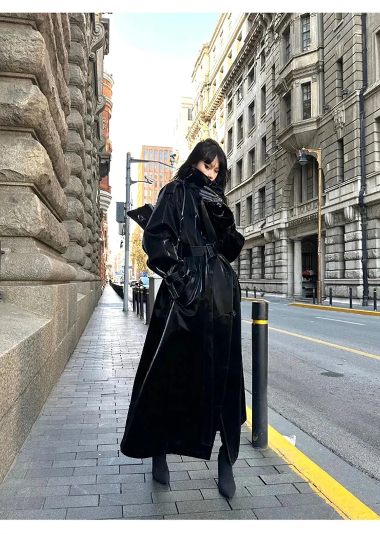 Women's Elegant Black Oversized Faux Leather Coat