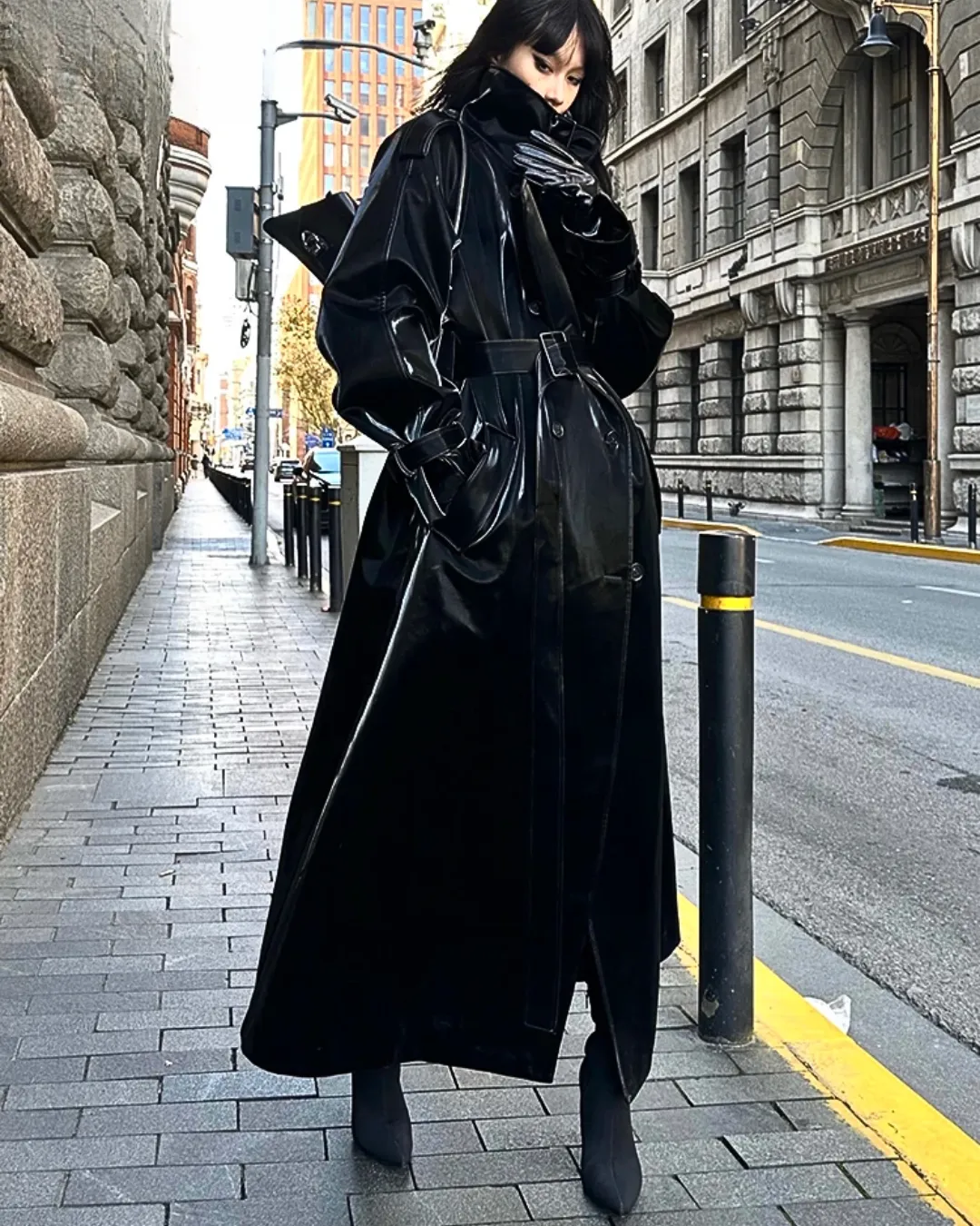 Women's Elegant Black Oversized Faux Leather Coat