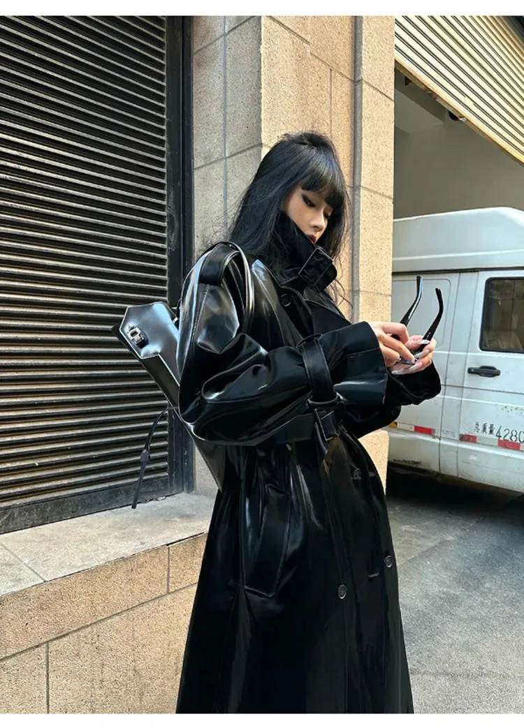 Women's Elegant Black Oversized Faux Leather Coat