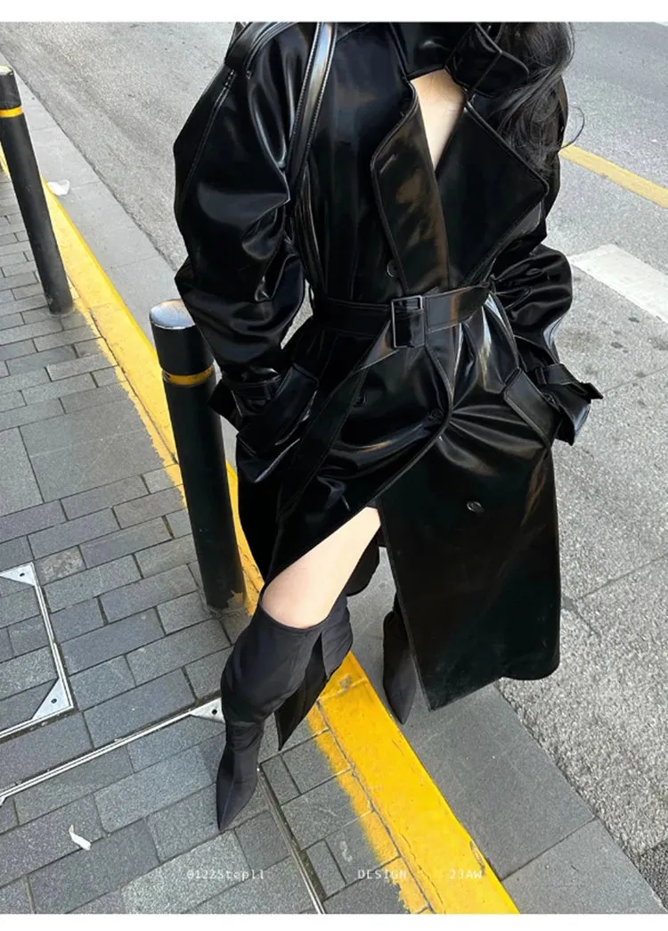 Women's Elegant Black Oversized Faux Leather Coat