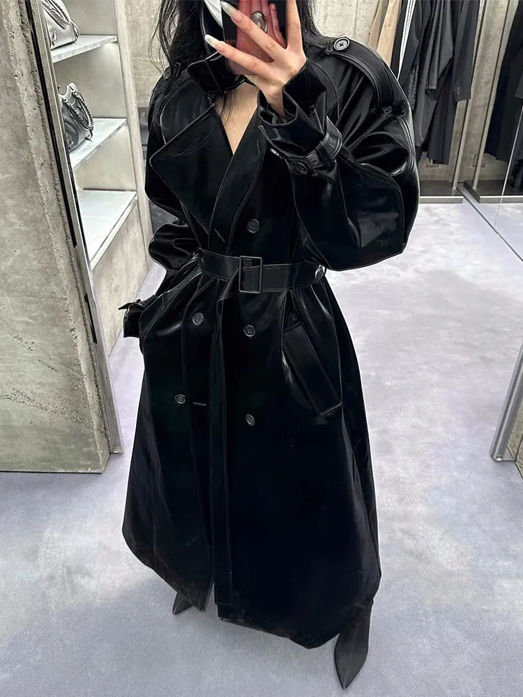 Women's Elegant Black Oversized Faux Leather Coat