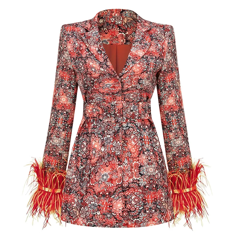 Women's Elegant Floral Print Blazer Dress with Feathered Cuffs | Ideal for All Seasons