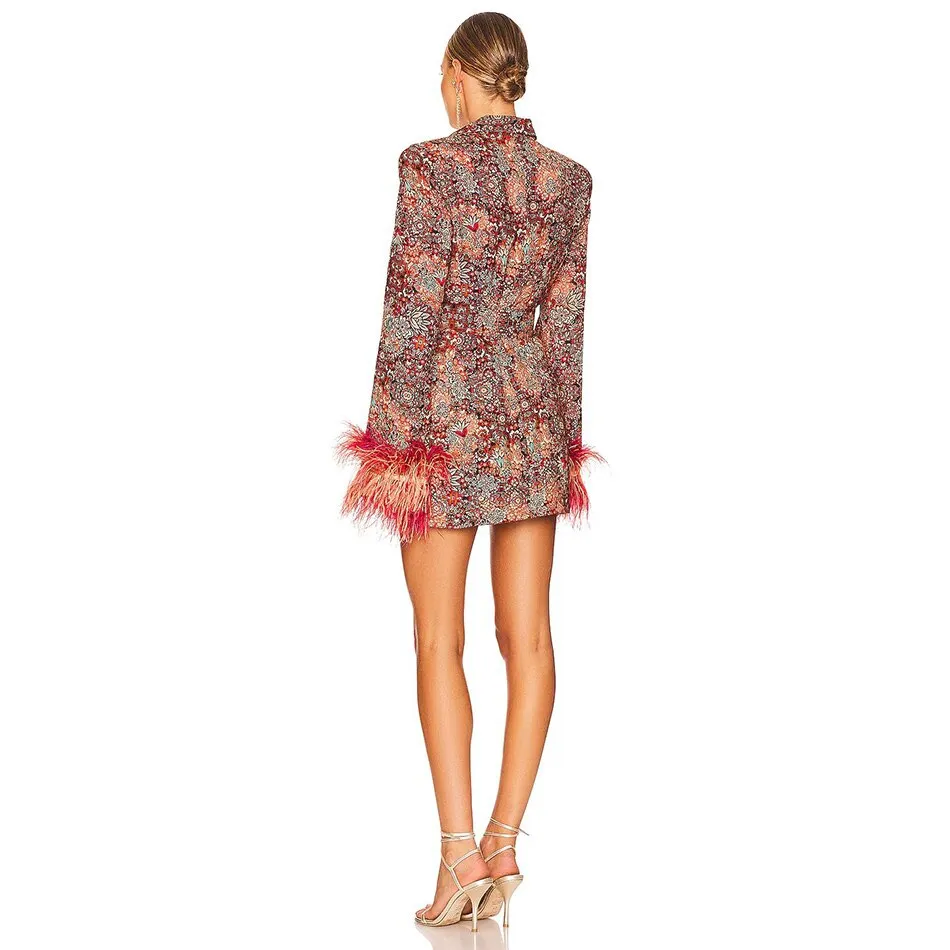 Women's Elegant Floral Print Blazer Dress with Feathered Cuffs | Ideal for All Seasons