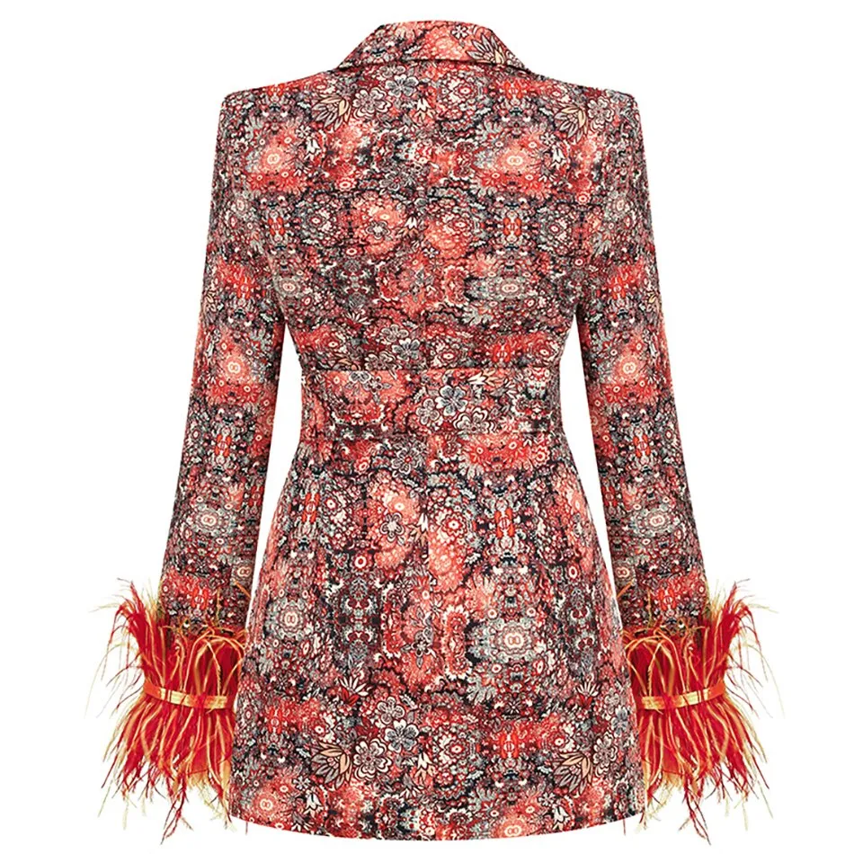 Women's Elegant Floral Print Blazer Dress with Feathered Cuffs | Ideal for All Seasons