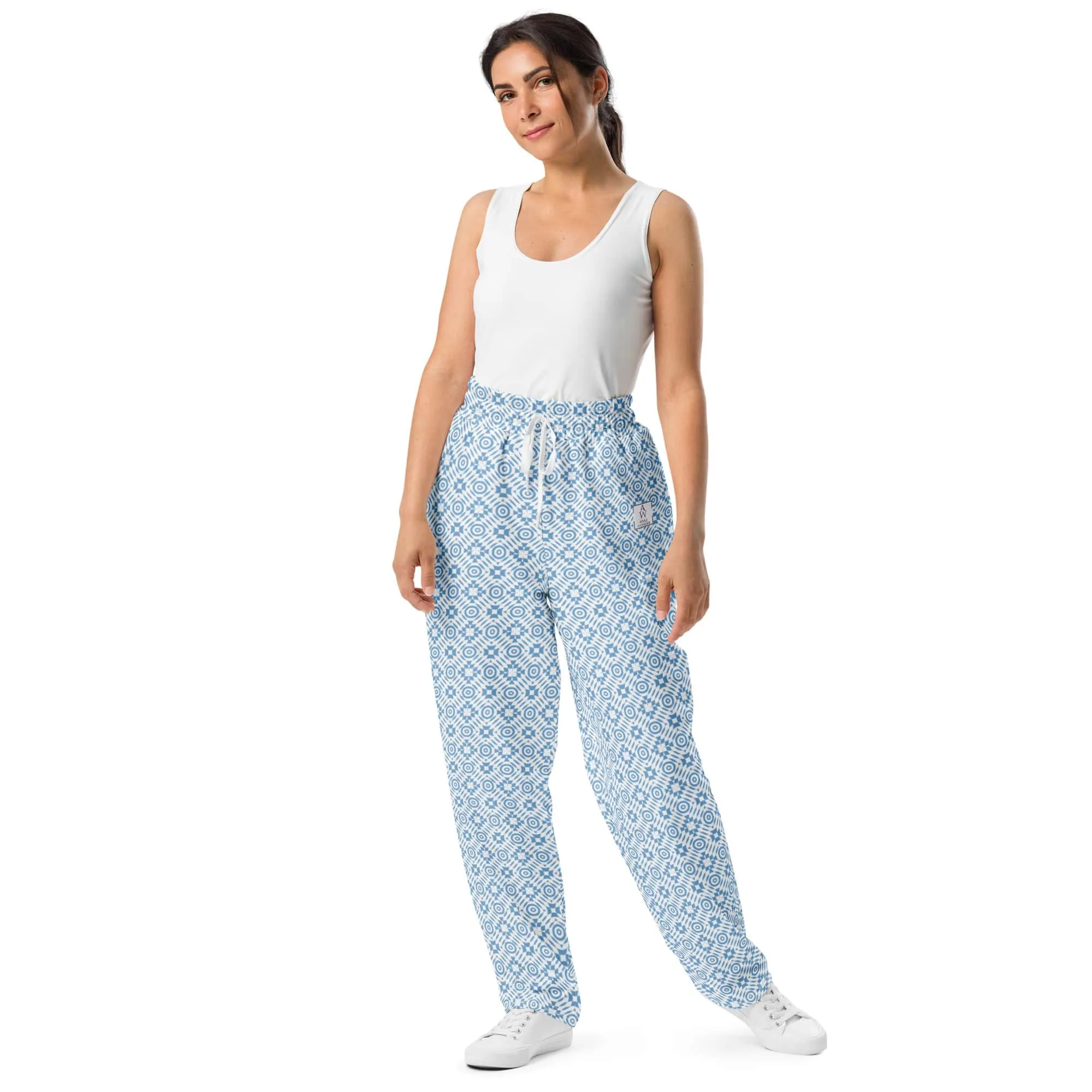 Women's Recycled Polyester Wide-Leg Joggers with Geometric White Pattern