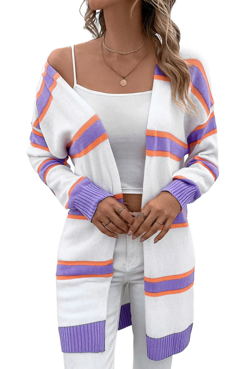 Women's Striped Long Sleeve Open Front Ribbed Trim Cardigan