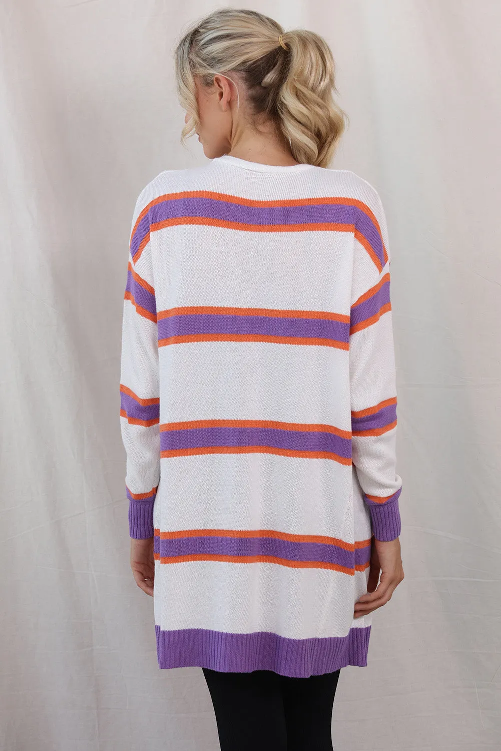 Women's Striped Long Sleeve Open Front Ribbed Trim Cardigan