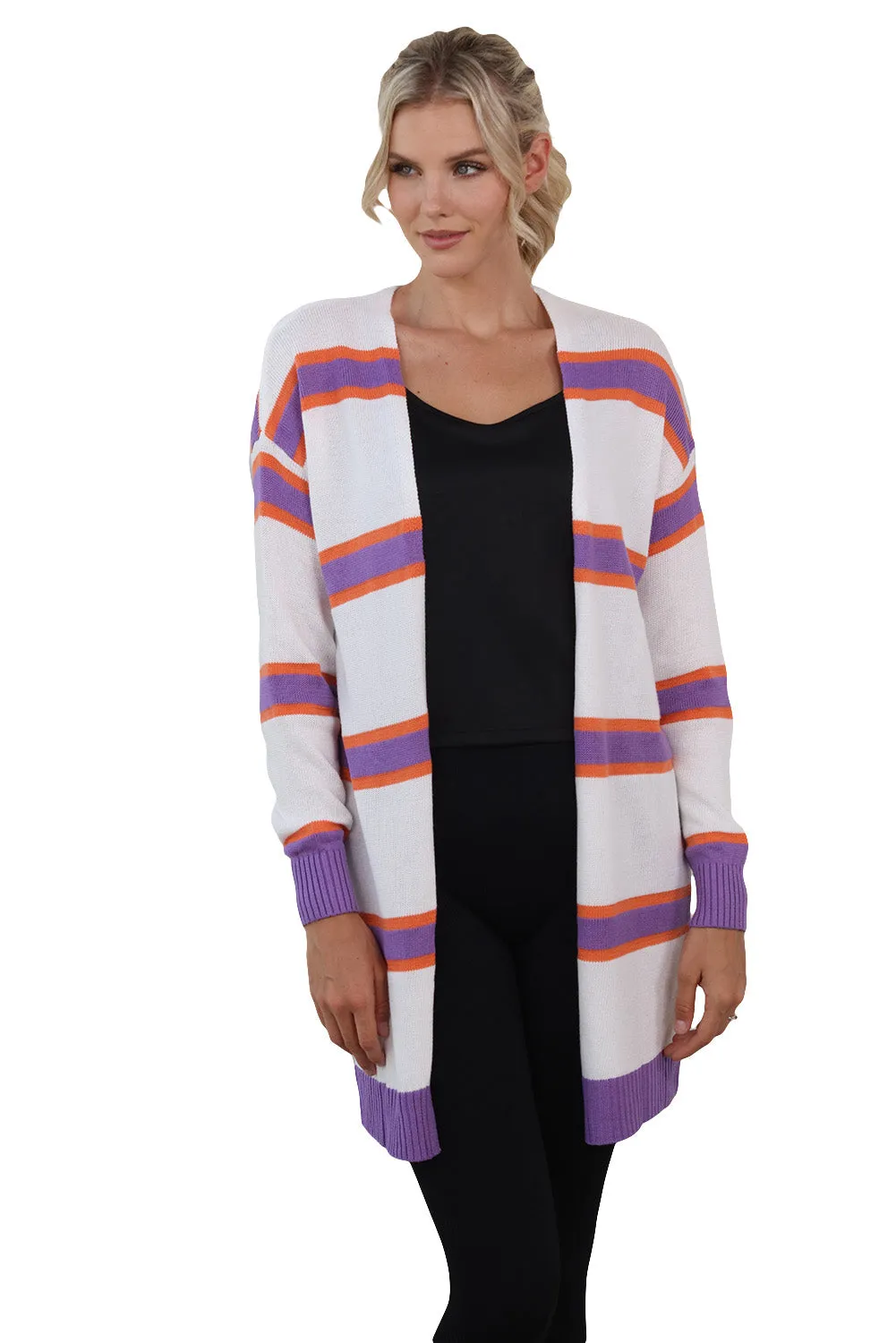 Women's Striped Long Sleeve Open Front Ribbed Trim Cardigan