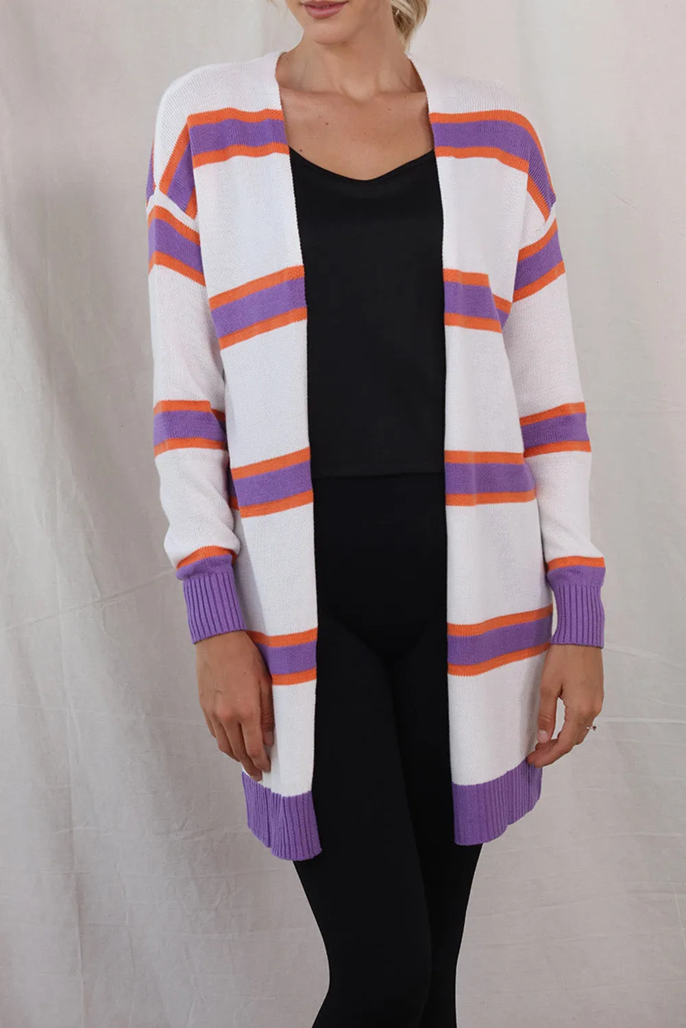 Women's Striped Long Sleeve Open Front Ribbed Trim Cardigan