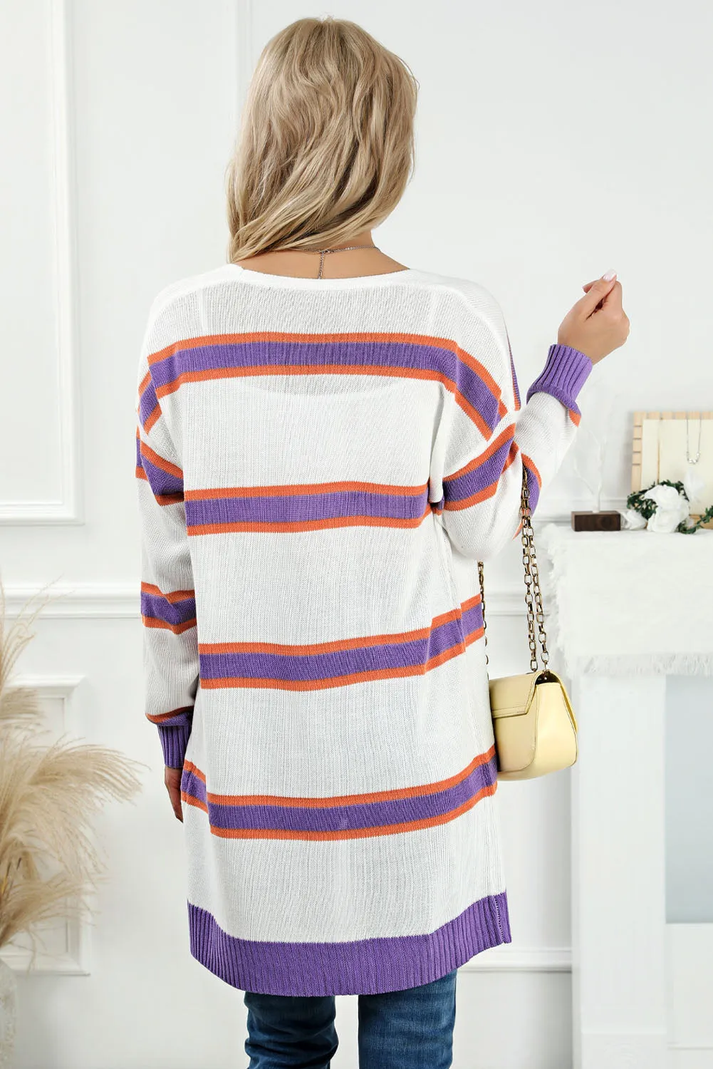 Women's Striped Long Sleeve Open Front Ribbed Trim Cardigan