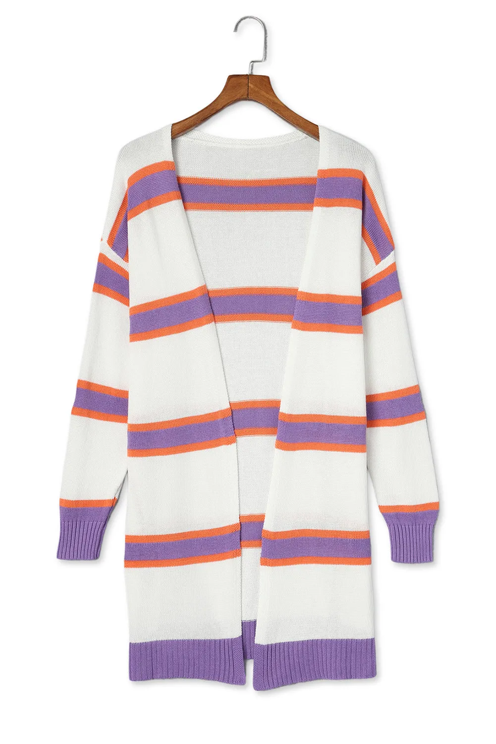 Women's Striped Long Sleeve Open Front Ribbed Trim Cardigan