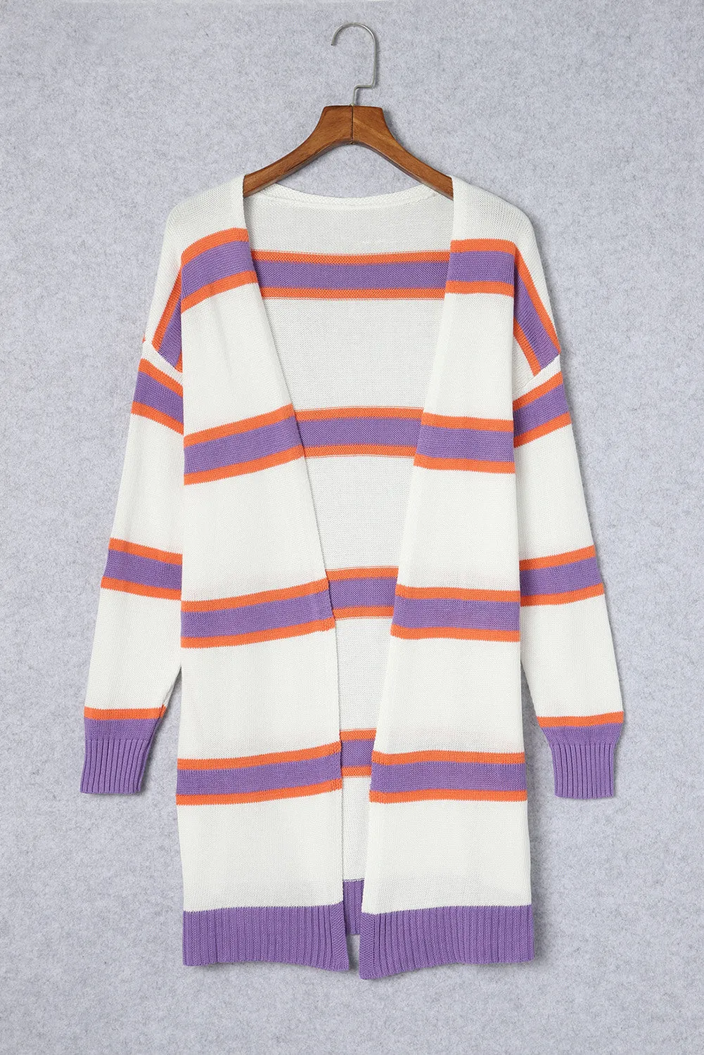 Women's Striped Long Sleeve Open Front Ribbed Trim Cardigan